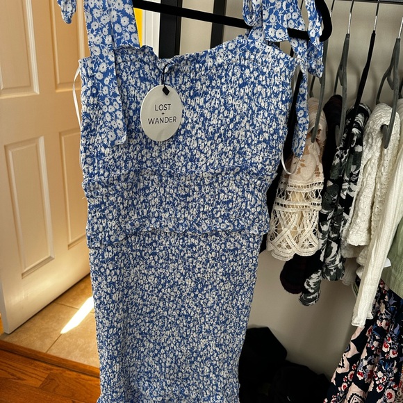 Lost + Wander Dresses & Skirts - Lost + Wander Floral One Shoulder Dress in Blue and White
